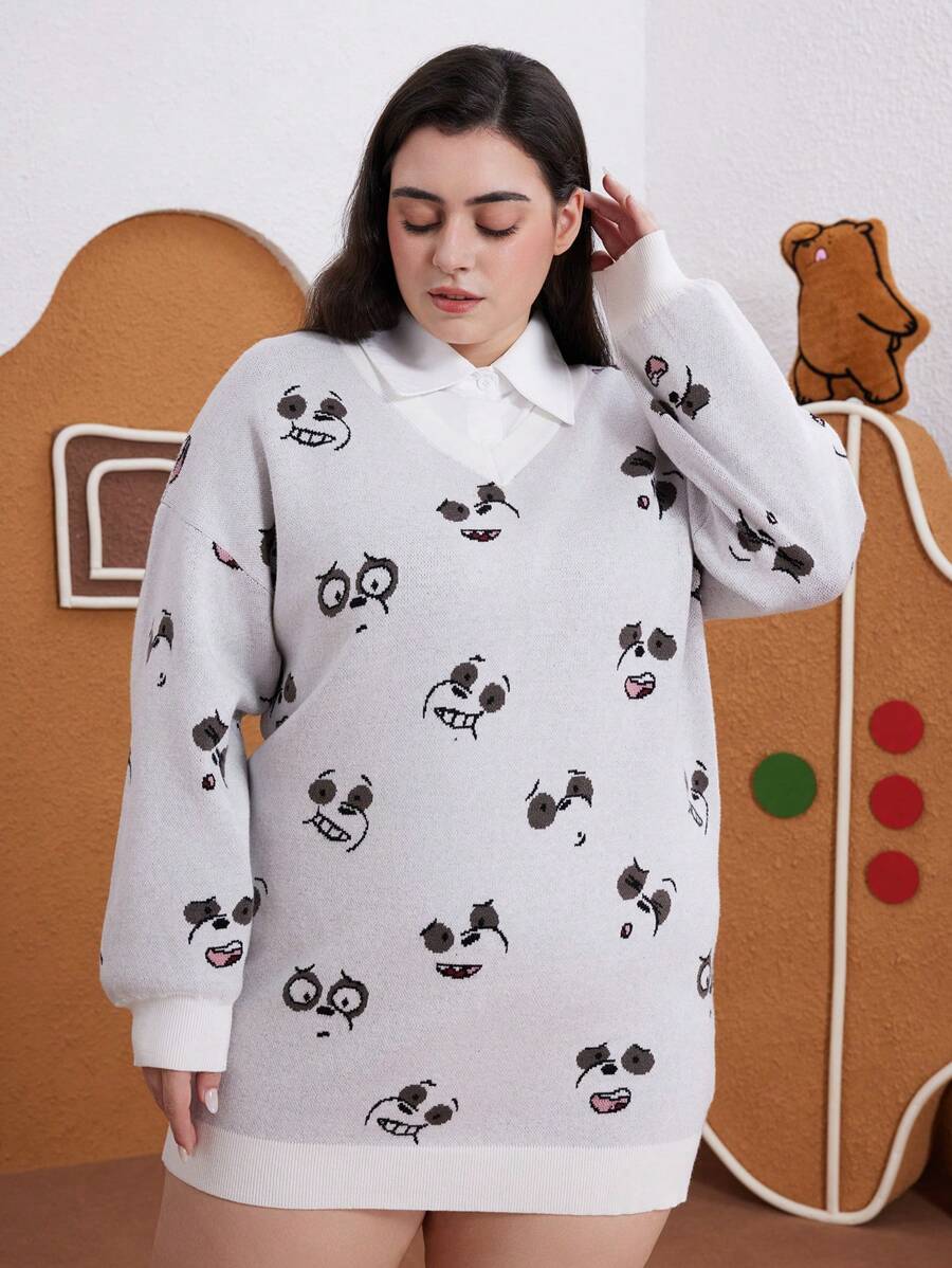 We Bare Bears X SHEIN Áo len dệt kim cổ tròn tay dài họa tiết mặt gấu trắng dễ thương cỡ lớn, mùa thu/đông - trắng - Xem 1
