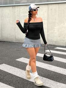 CovetEZ Plus Size Casual Foldover Off-Shoulder Fitted Waffle T-Shirt