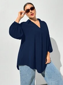 SHEIN Essnce 大码女式秋冬休闲宽松舒适 V 领深蓝色长袖衬衫、秋季女装、女式衬衫、曲线上衣、老款、黑色上衣、商务休闲女装、女士办公室装、女士服装、女士上衣、返校节、教师、工作上衣 - 藏蓝色 - 查看 5