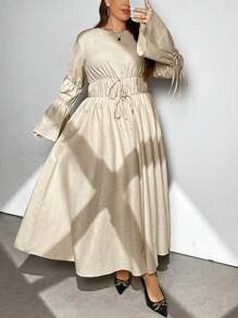 SHEIN Privé Plus Size A-Line Ruched Waist Long Sleeve Round Neck Dress - Apricot - View 3