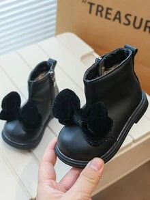 1 双儿童/婴儿蝴蝶装饰舒适保暖平底靴，适合日常外出和户外活动，秋冬季 - 黑色 - 查看 4