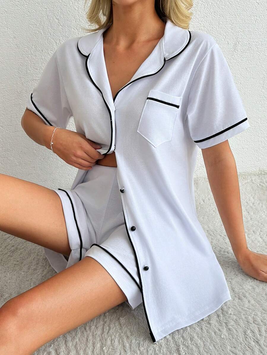 100% Cotton 2pcs/Women Contrast Binding&Pocket Detail Pajama Set - White - View 1