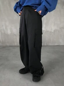 FRIFUL Women's Casual Everyday Flap Pocket Zip Detail Loose Trousers