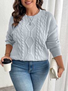 Plus Size Women Casual Solid Color Drop Shoulder Relaxed Fit Cable Knit Pullover Sweater, For Winter Knit Pullover Fall Sweater - Grey - View 6
