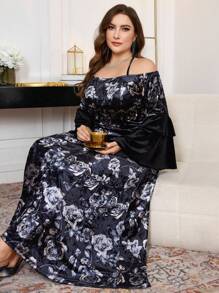 Modelyn Vestido largo de manga abombada con hombros descubiertos, estampado de flores y parches de terciopelo, elegante para primavera y otoño, tallas grandes - Negro - Ver 6