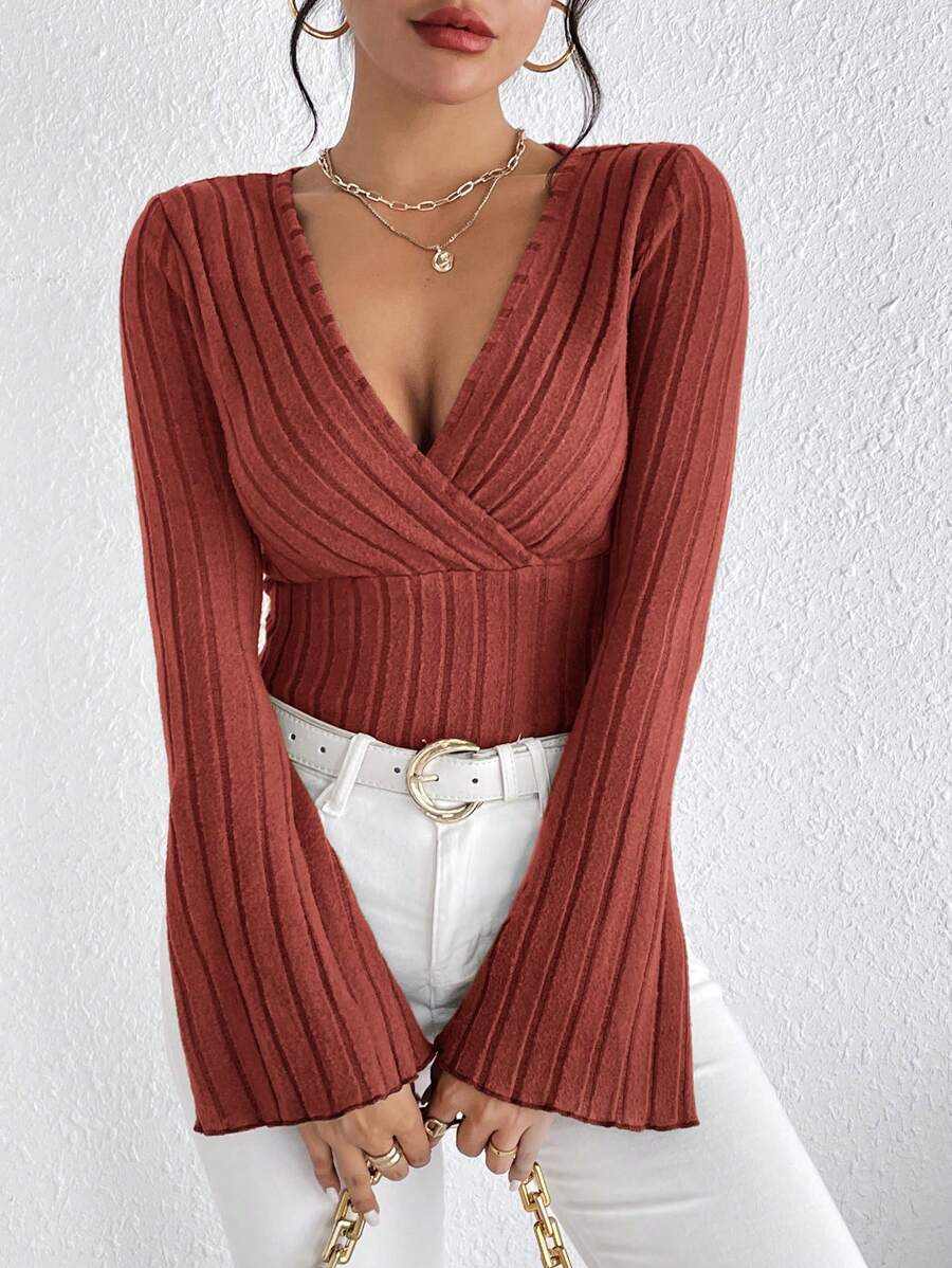 SHEIN Frenchy Camiseta de punto negro de punto negro con cuello de solapa y mangas de trompeta acanaladas - Naranja - Ver 1