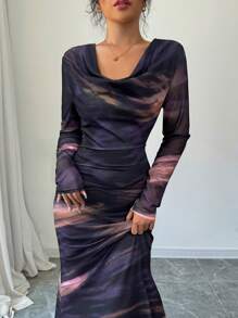 Elenzga Women's Long Random Tie-Dye Print Fishtail Hem Elegant Dress - Multicolor - View 3