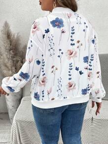 SHEIN VCAY 大码女式休闲全身花卉印花落肩宽松拉链棒球夹克，适合春秋季节 - 白色 - 查看 2