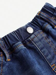 SHEIN Baby Girls Winter Warm Thermal Lined Denim Flared Pants, Thick Denim Long Trousers For Autumn/Winter - Medium Wash - View 4