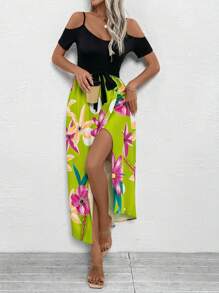 SHEIN Clasi Vrouwen Casual Bloemenprint Splice Off Shoulder Spaghetti Band Hoge Split Jurk