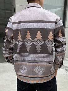 Manfinity Homme Cappotto vintage con stampa geometrica e bottoni anteriori per uomo, soprabito casual colorato da indossare in autunno, regalo adatto per amici, mariti e fidanzati