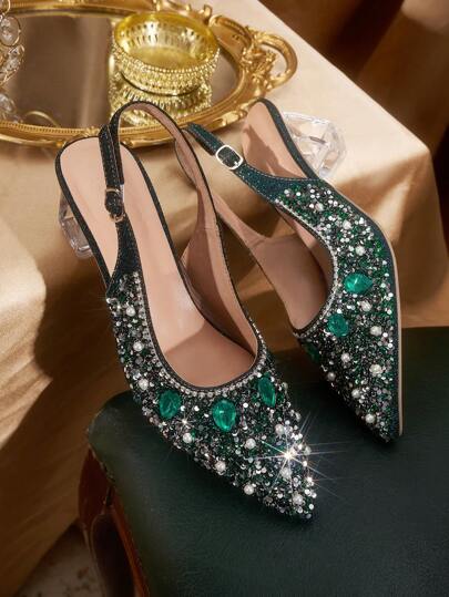 CUCCOO TILAWA Women's Crystal Heel & Rhinestone Perforated Pointed Toe Pumps, Suitable For Outings, Banquets, Parties And Other Events Spring Shoes Spring Break Easter Prom Heels For Christmas