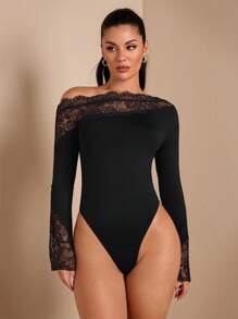 SHEIN BAE 1 件女式纯黑色性感优雅不对称蕾丝拼接露肩长喇叭袖紧身衣，适合秋冬季分层穿着，针织保暖性感，适合外出、浪漫约会、派对 - 黑色 - 查看 4