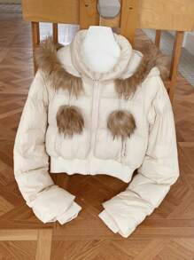 Comfortcana Women's Fluffy Patchwork Hooded Zip-Up Padded Coat With Pockets, Fall/Winter - Apricot - View 4