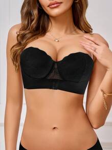 Strapless, Non-Slip Lace Underwire Front Closure Padded Push Up Bra, Single Pack With Invisible Shoulder Straps Included , Black Lingerie - Black - View 6