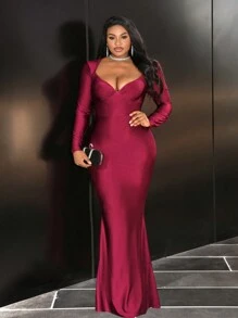 Slaydiva 性感优雅大码女式低胸露背紧身美人鱼礼服派对礼服，情人节 - 酒紅色 - 查看 5