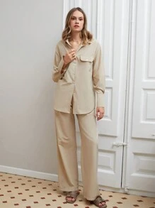 RueChic LONG SLEEVE FLAPPED POCKET SHIRT & PANT - Beige - View 5