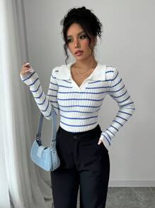 Selianne 女士条纹长袖修身休闲套头衫，秋冬季，长袖上衣 - 藍白色 - 查看 5