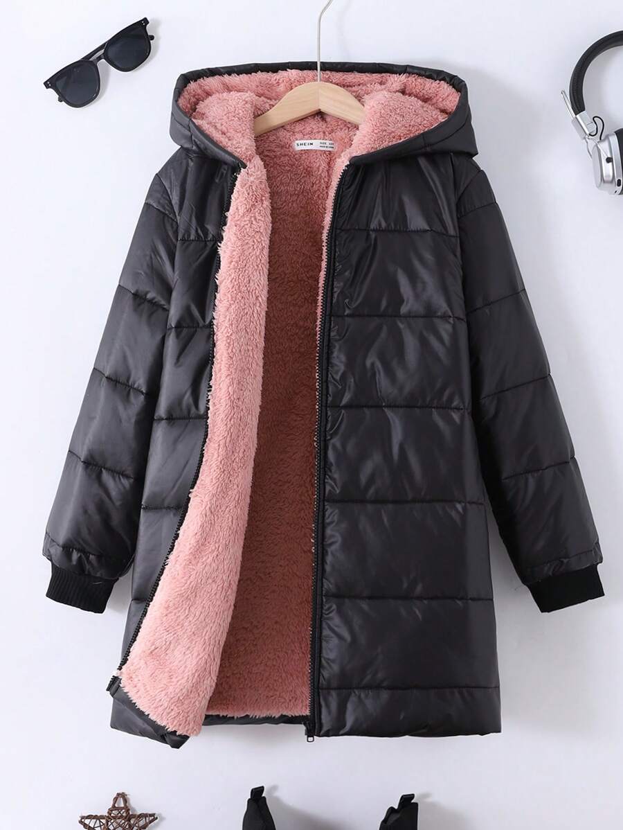 SHEIN Áo khoác dài lót nhiệt ấm áp có mũ trùm đầu giản dị tối giản cho bé gái tuổi mới lớn - màu đen - Xem 1