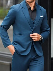 Manfinity Mode 3pcs/Set Men's Solid Color Long Sleeve Suit Jacket, V-Neck Buttoned Vest, And Suit Pants, Business Suit Set - Dark Green - View 7