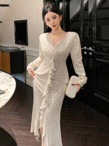 DAZY Robe midi fendue à encolure en V, volants et paillettes pour femmes, robe de soirée pour anniversaire, Nouvel An, automne à manches longues. Robe élégante et de luxe avec paillettes pour femmes. - Nude - Voir 7