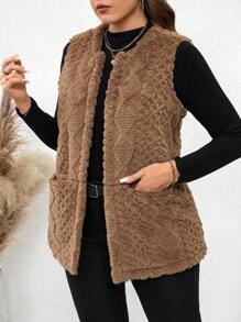 SHEIN LUNE Áo vest hở hai túi phía trước họa tiết lông mềm mại cỡ lớn dành cho nữ, thích hợp mặc vào mùa thu, quần áo mùa thu cỡ lớn - Màu be - Xem 6