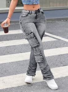 SHEIN ICON 纯色紧身多口袋牛仔背带喇叭阔腿裤 - 灰色 - 查看 3