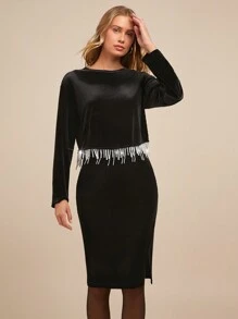 SHEIN Clasi 2pcs Pearl Tassel Party Slit Outfit For Women Christmas - Black - View 3