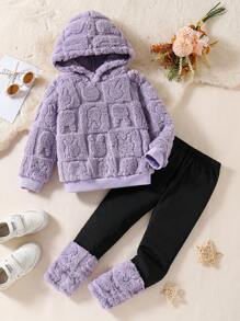 SHEIN 2 Stücke Mädchen Outfit mit Hoodie-Sweatshirt mit Ausschnitten und Flaum und Leggings, für Lässig Herbst Winter Outdoor und Feiertage geeignet