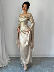 Rafferiza 1pc Off-Shoulder Ruched Waist Slit Long Sleeve Dress, Elegant For Party Wear Maxi Women Outfit Fall Cloth For Women - Champagne - View 5