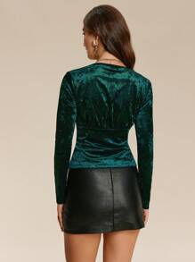 Almamuse 1 Áo thun nữ dài tay cổ chữ V khoét sâu dáng ôm, mặc hàng ngày cho mùa xuân - Màu xanh lá cây đậm - Xem 2