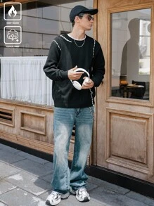 Claim Dot Men's Black Loose Fit Crew Neck Long Sleeve Knitted Sweater, Autumn/Winter - Black and White - View 5