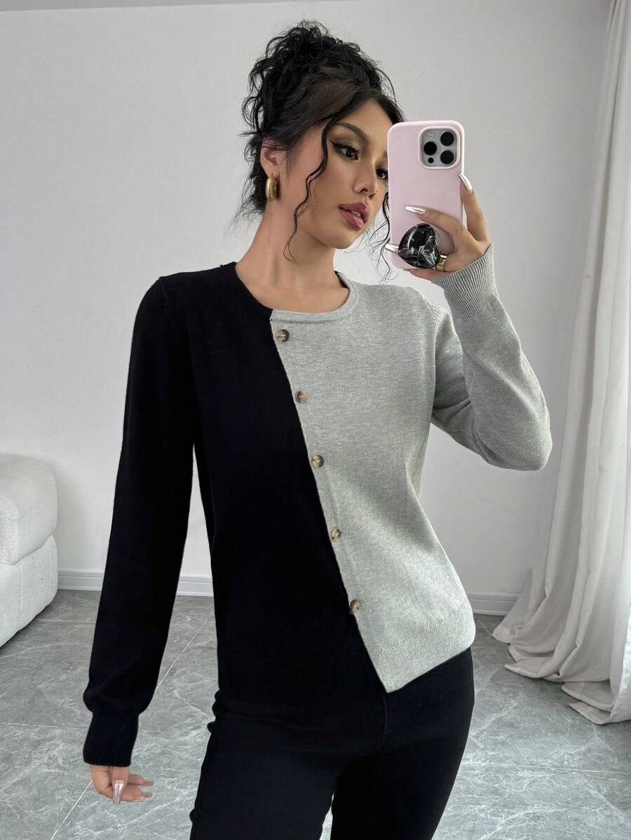 Chiquease 1pc Women's Colorblock Button Front Long Sleeve Casual Pullover Sweater Knit Pullover Fall Winter Outfit