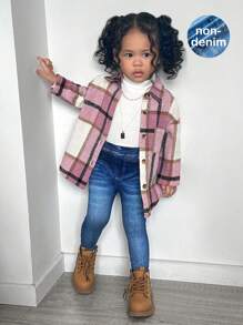SHEIN Leap Crew 3pcs Baby Girl Adorable Plaid Shirt, Knit Sweater And Pants Set, Autumn/Winter - Pink - View 1