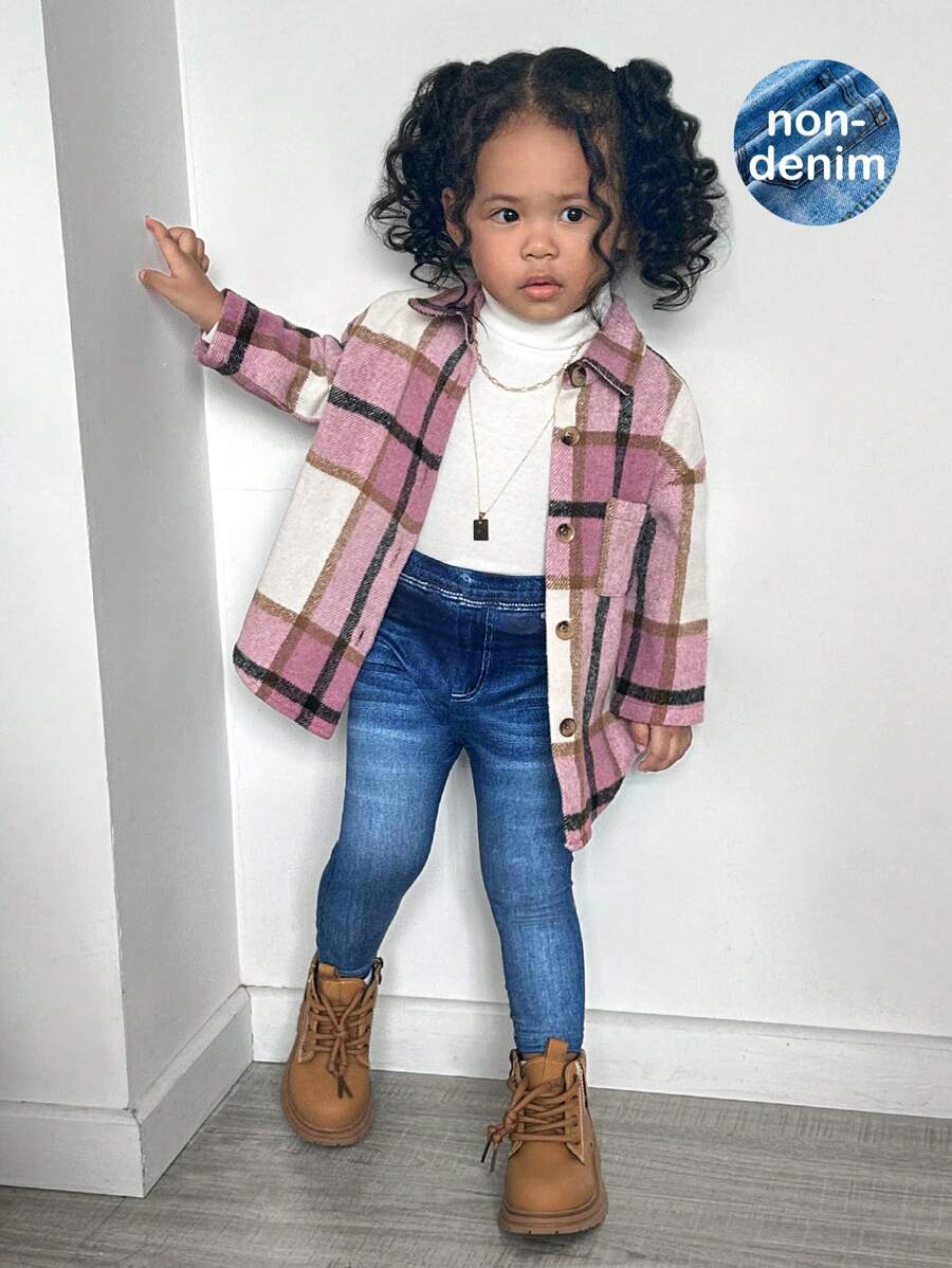 SHEIN Leap Crew 3pcs Baby Girl Adorable Plaid Shirt, Knit Sweater And Pants Set, Autumn/Winter - Pink - View 1