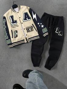 Aesthetic Post 男士加大码拼色字母印花羊毛夹克和裤子两件套，秋冬休闲装 - 黑與白 - 查看 1