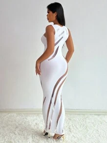 VaVaBold Women Hollow Out Round Neck Sleeveless Bodycon Sexy Fashion Mesh Dress Maxi Women Outfit