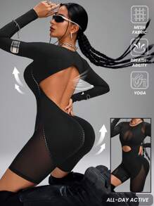 Innovista Women's Mesh Breathable Backless Skinny Long Sleeves Jumpsuit, Black Jumpsuit Workout, Jumpsuits For Woman, Jumpsuit, Tennis Women Outfits, Tummy Control & Butt-Lifting Overall Shorts, Yoga, Gym, Biker, Spandex, Fall Wear - Black - View 1
