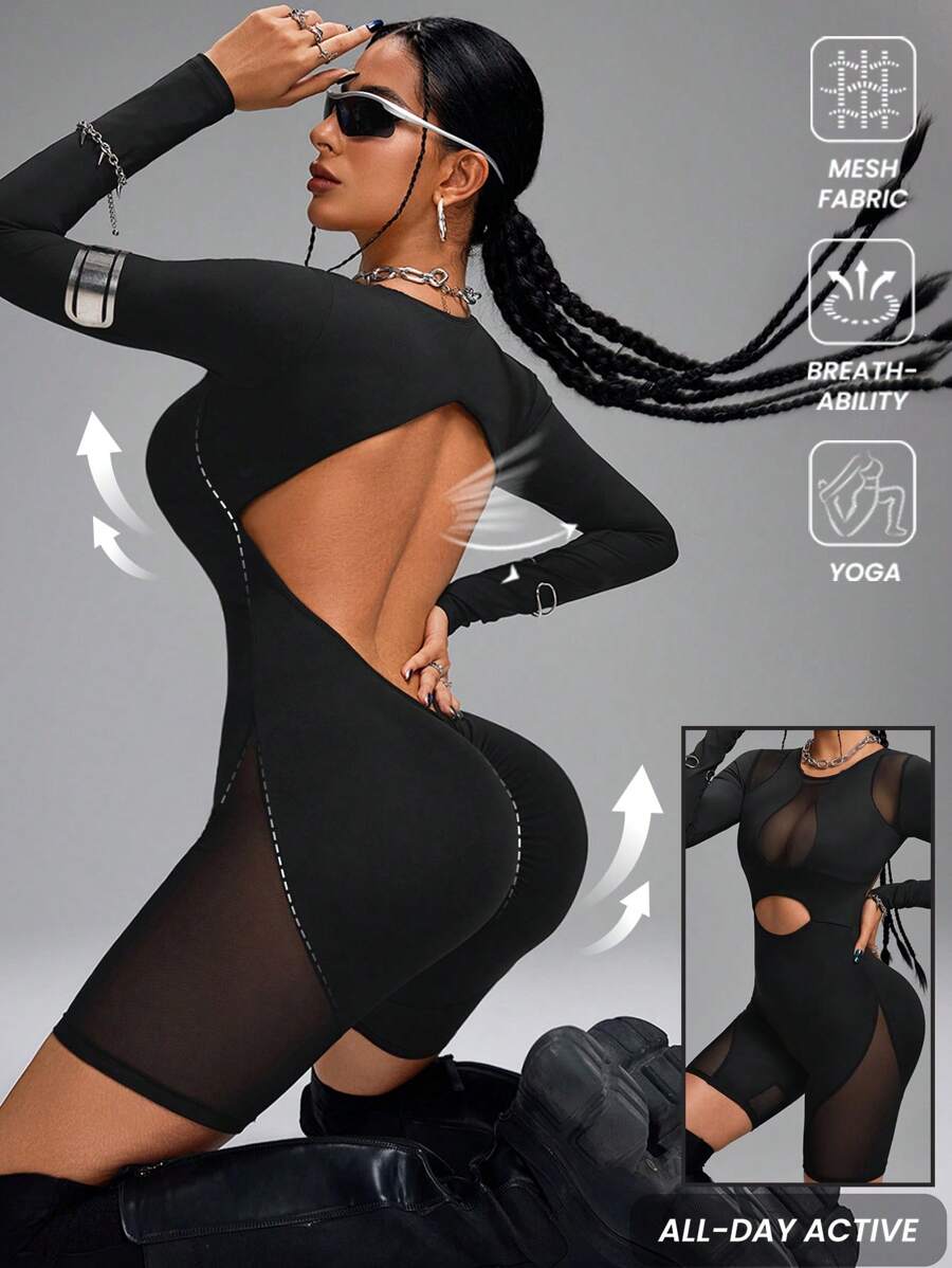 Innovista Women's Mesh Breathable Backless Skinny Long Sleeves Jumpsuit, Black Jumpsuit Workout, Jumpsuits For Woman, Jumpsuit, Tennis Women Outfits, Tummy Control & Butt-Lifting Overall Shorts, Yoga, Gym, Biker, Spandex, Fall Wear - Black - View 1