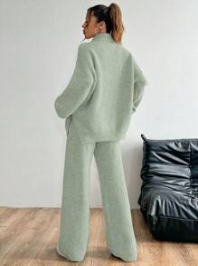 Flirla 2pcs Loose Casual Solid Color Collared Long Sleeve Top And Pants Knit Sweater Set - Green - View 2