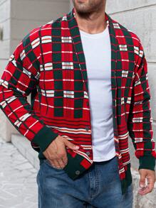 Manfinity Homme Men Plus Size Casual Everyday Contrast Color Button Front Shawl Collar Cardigan, Autumn & Winter, Christmas - Multicolor - View 3