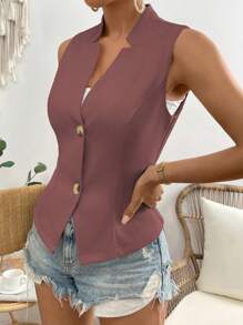 SHEIN ChicEase Women's Casual Solid Color V-Neck Single-Breasted Fitted Lightweight Waistcoat - Purple - View 6