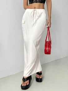 Chiquease INS Style Casual Utility Pocket Back Slit Long Skirt Fall Cloth For Women - Apricot - View 3