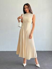 SHEIN PETITE Women Elegant Pleated Tight-Fitting A-Line Dress,Summer Dresses For Women,Tea Party Dress,White Graduation Dress,Business Casual Woman - Apricot - View 6