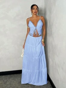SHEIN BAE Women's Summer Beach Vacation Romantic Date Everyday Wear Sling Lace Splice Tie Top + Low Waist Ruched Holiday A-Line Super Long Dress Linen Fabric Set