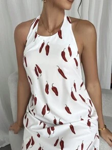 INAWLY 大码辣椒印花吊带露背无袖性感连衣裙