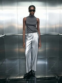 Maija 女式温暖灰色金属条纹高领针织背心，秋冬款 - 灰色 - 查看 4