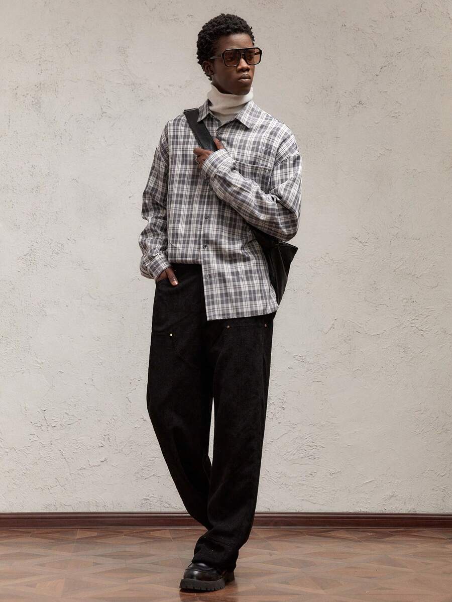 AKNOTIC Party Men's Slim Fit Plaid Print Turndown Collar Long Sleeve Casual Shirt, Suitable For Daily Wear - Black and White - View 1