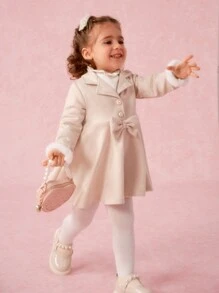 SHEIN Baby Girls' Minimalist Lapel Half-Open Cardigan With Fuzzy Trim, Long Sleeve Butterfly Decor A-Line Party Dress, Spring/Autumn - Apricot - View 11