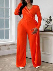 Maweii 大码纯色 V 领裹身长袖连体裤